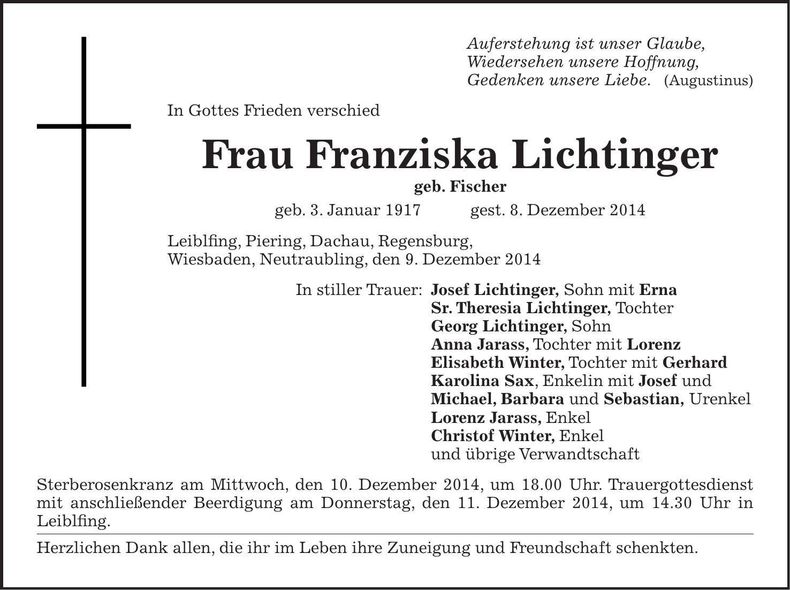 Traueranzeige Franziska Lichtinger