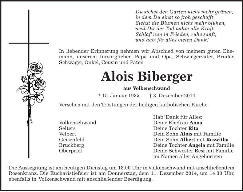 Traueranzeige Alois Biberger