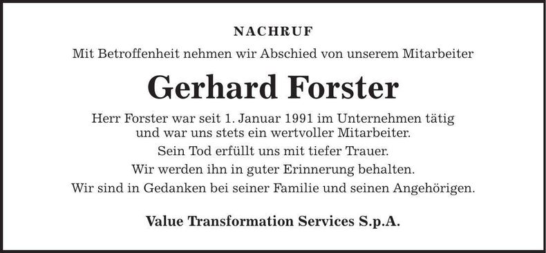 Traueranzeige Gerhard Forster