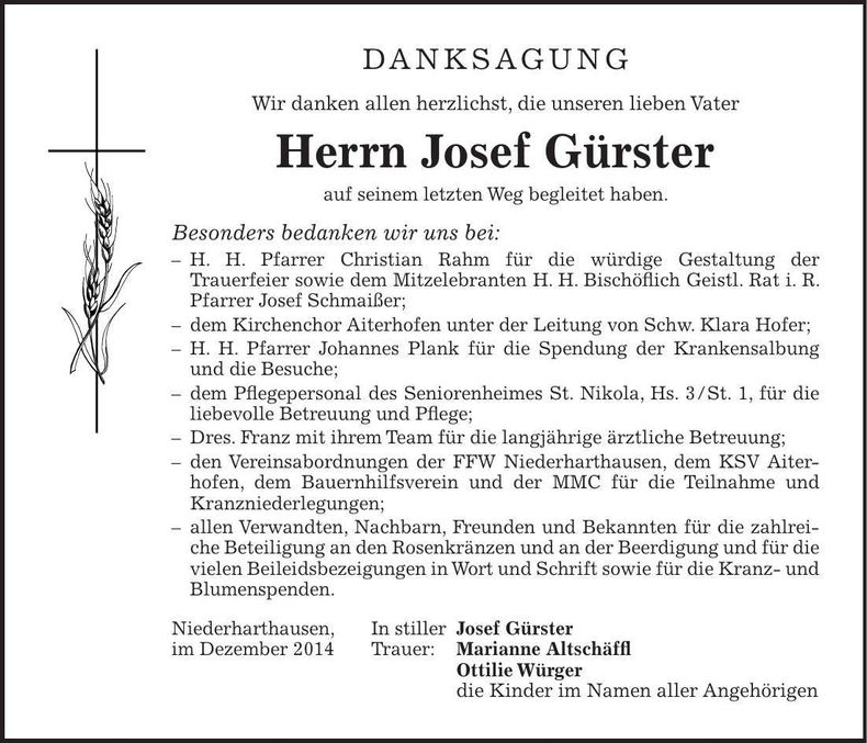 Traueranzeige Josef Gürster