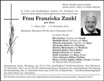 Traueranzeige Franziska Frankl