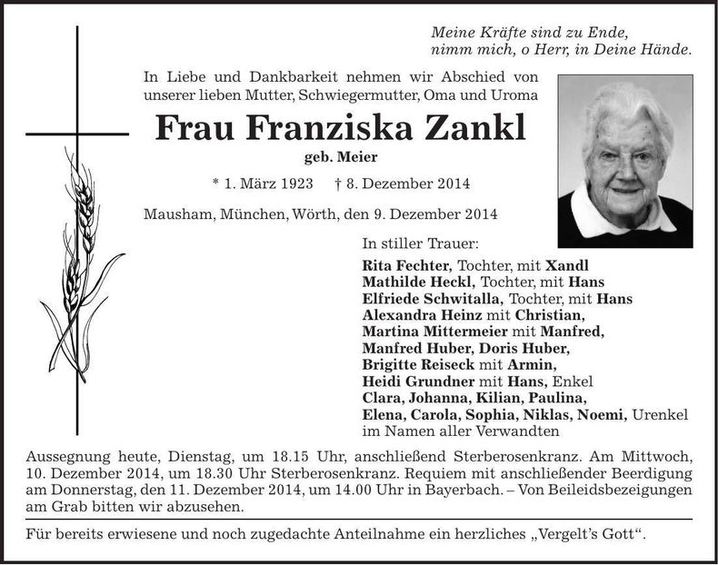Traueranzeige Franziska Frankl