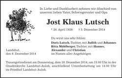 Traueranzeige Jost Klaus Lutsch
