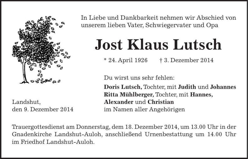 Traueranzeige Jost Klaus Lutsch