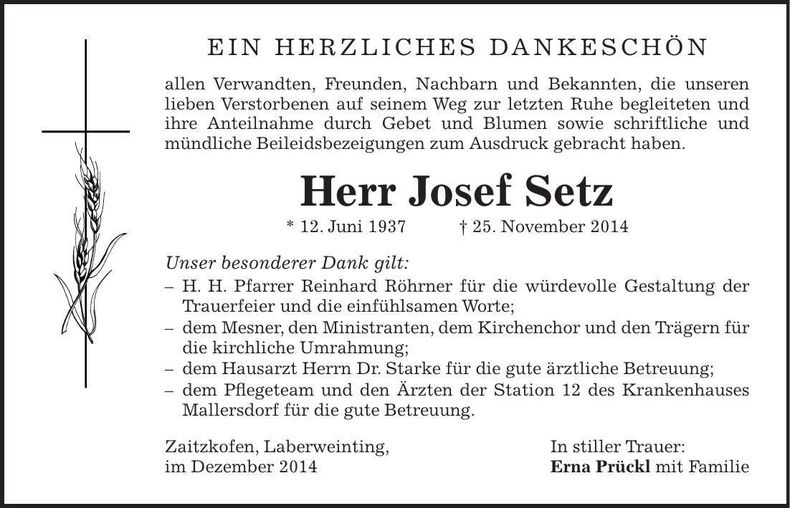 Traueranzeige Josef Setz