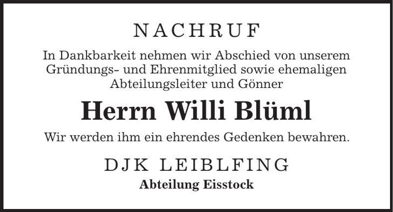 Traueranzeige Willi Blüml