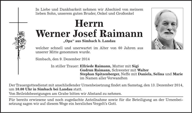 Traueranzeige Werner Josef Raimann