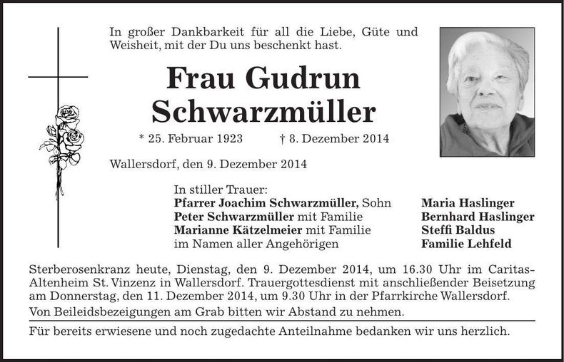 Traueranzeige Gudrun Schwarzmüller
