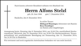 Traueranzeige Alfons Stelzl