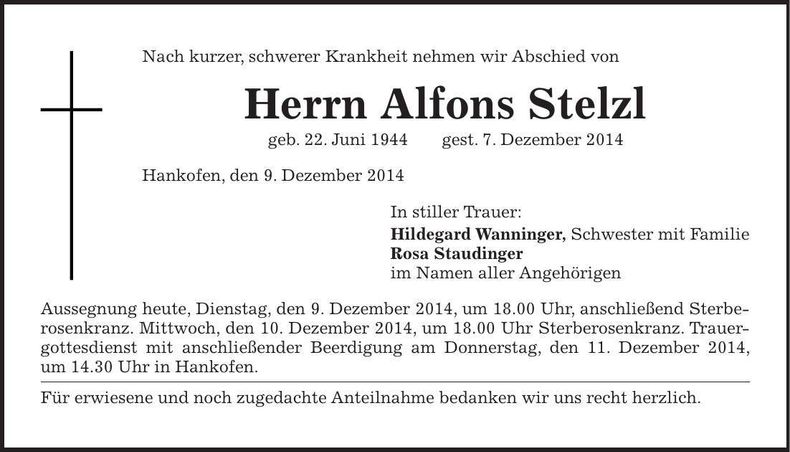 Traueranzeige Alfons Stelzl