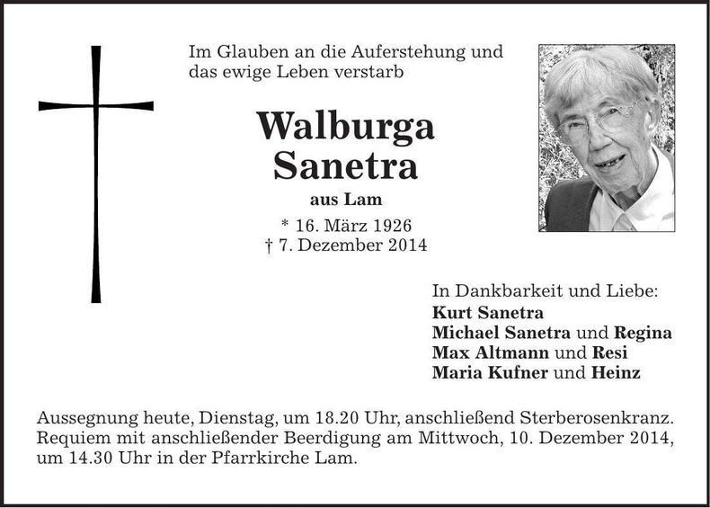 Traueranzeige Walburga Sanetra