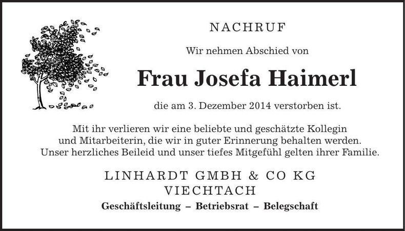 Traueranzeige Josefa Haimerl