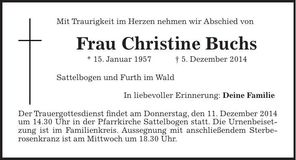 Traueranzeige Christine Buchs