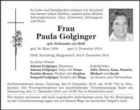 Traueranzeige Paula Golginger