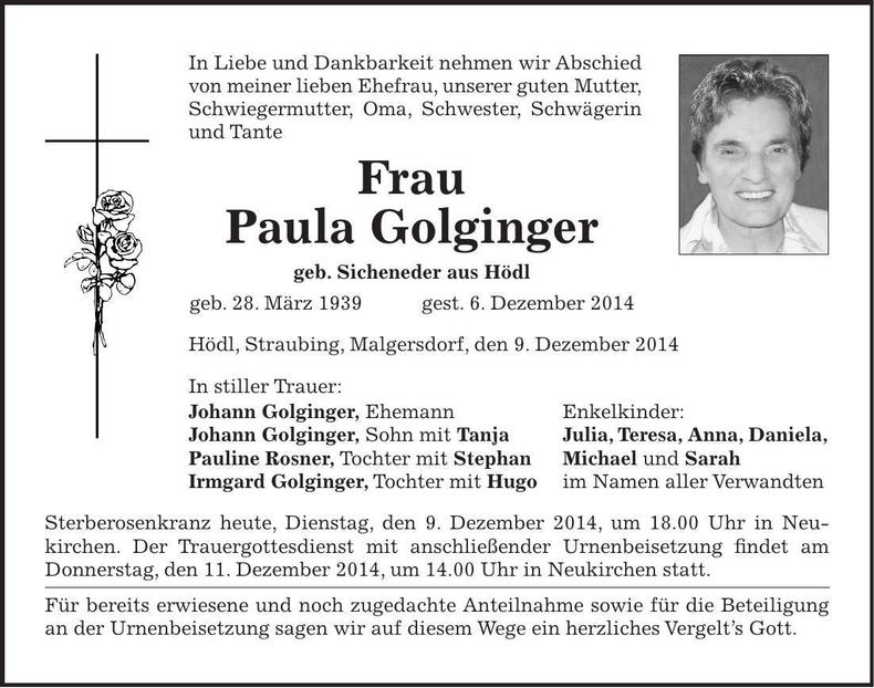 Traueranzeige Paula Golginger