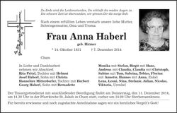 Traueranzeige Haberl Anna
