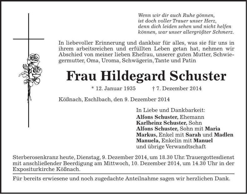 Traueranzeige Hildegard Schuster