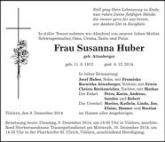 Traueranzeige Susanna Huber