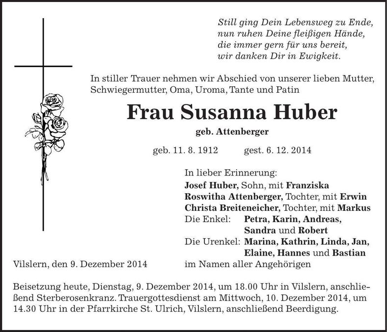 Traueranzeige Susanna Huber