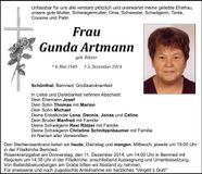 Traueranzeige Gunda Artmann