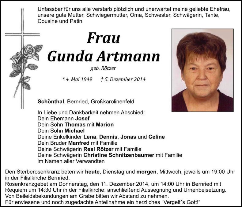 Traueranzeige Gunda Artmann