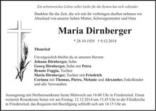 Traueranzeige Maria Dirnberger