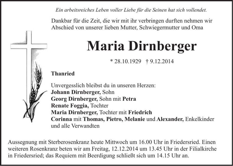 Traueranzeige Maria Dirnberger