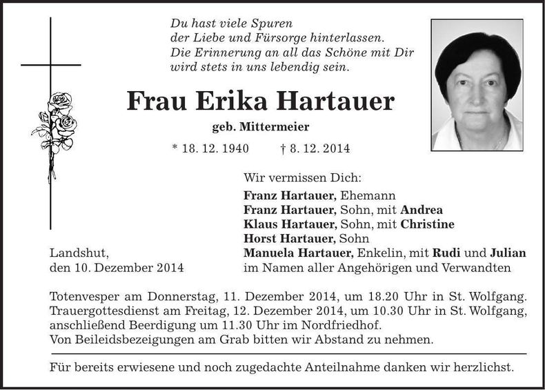 Traueranzeige Erika Hartauer