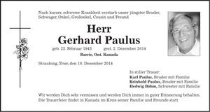 Traueranzeige Gerhard Paulus