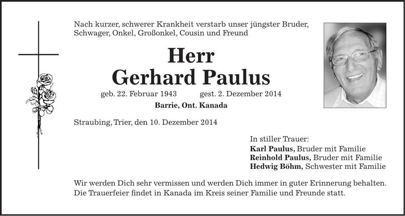 Traueranzeige Gerhard Paulus