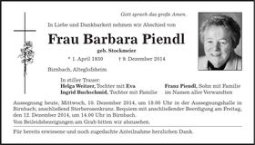 Traueranzeige Barbara Piendl