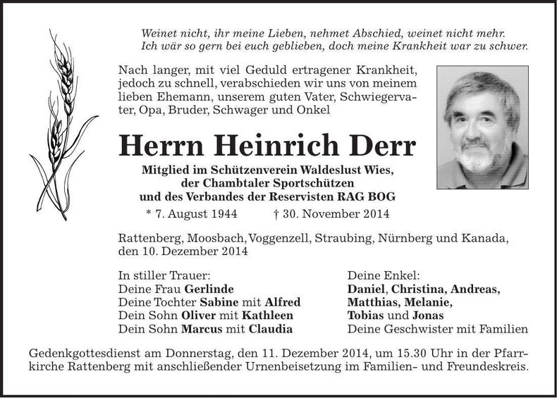 Traueranzeige Heinrich Derr