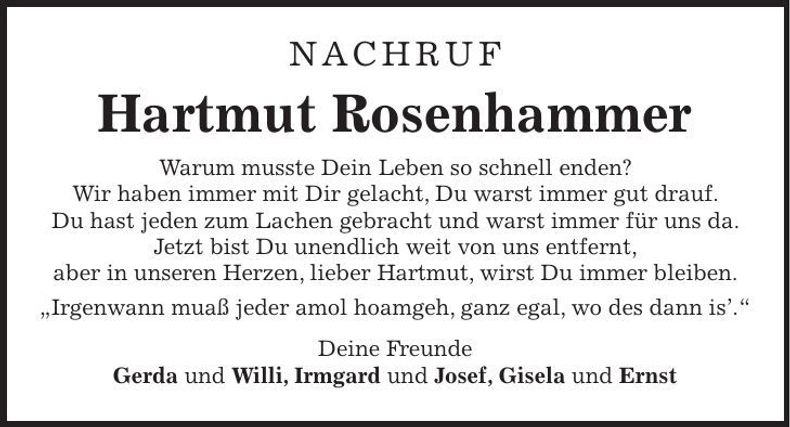 Traueranzeige Hartmut Rosenhammer