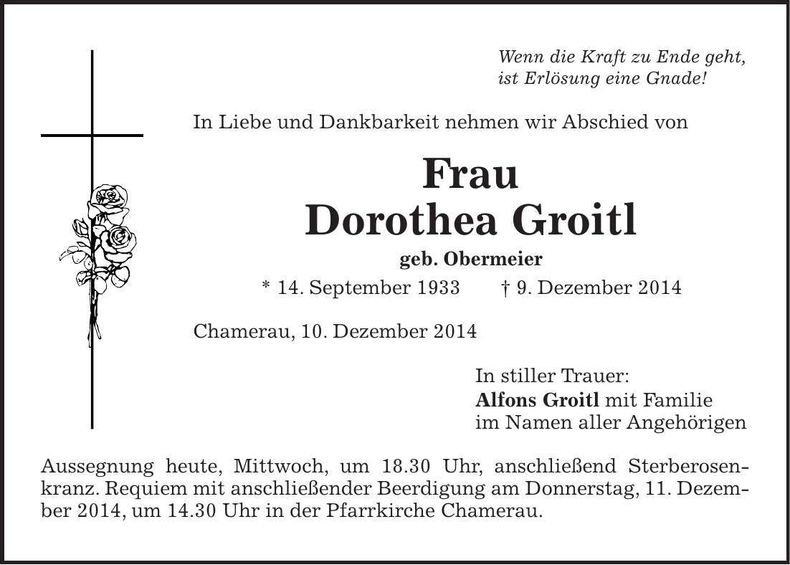 Traueranzeige Dorothea Groitl