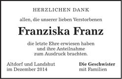 Traueranzeige Franziska Franz