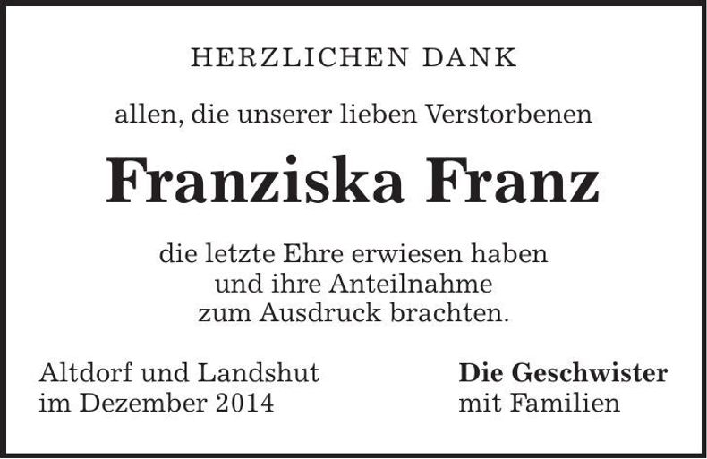Traueranzeige Franziska Franz