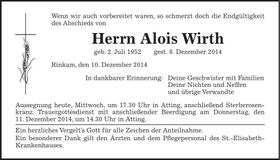 Traueranzeige Alois Wirth