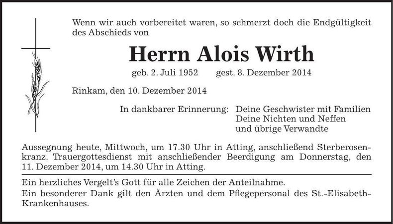 Traueranzeige Alois Wirth