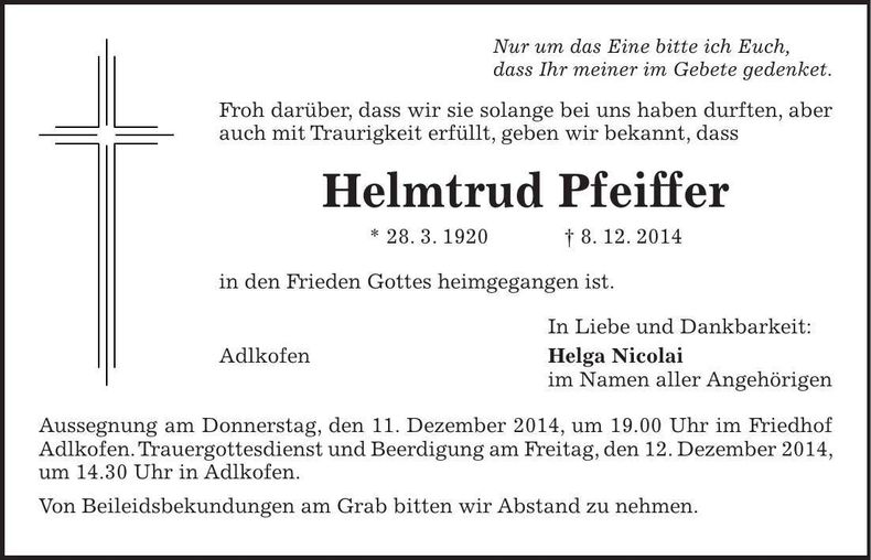 Traueranzeige Helmtrud Josefa Pfeiffer