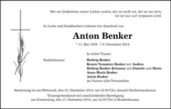 Traueranzeige Anton Benker