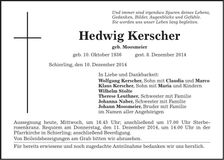 Traueranzeige Hedwig Kerscher