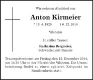 Traueranzeige Anton Kirmeier