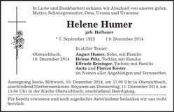 Traueranzeige Helene Humer