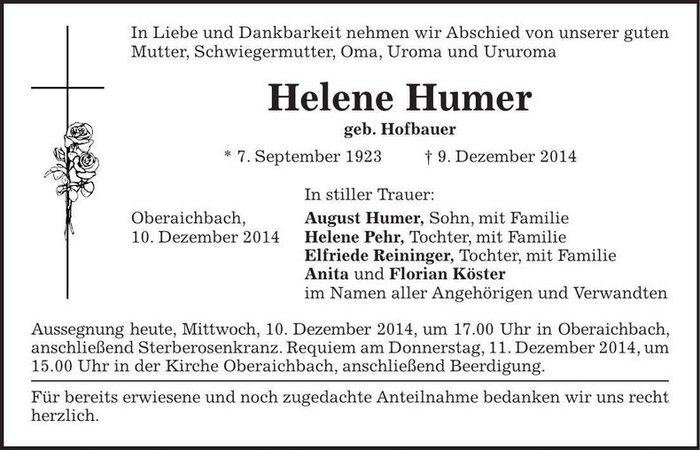 Traueranzeige Helene Humer