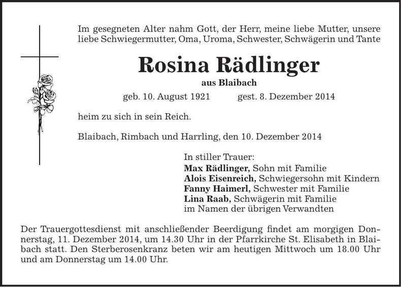 Traueranzeige Rosina Rädlinger