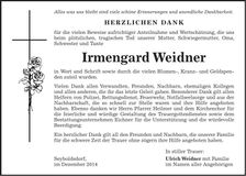 Traueranzeige Irmengard Weidner