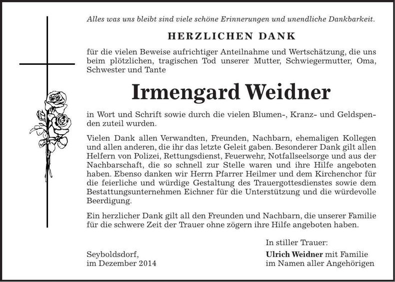 Traueranzeige Irmengard Weidner