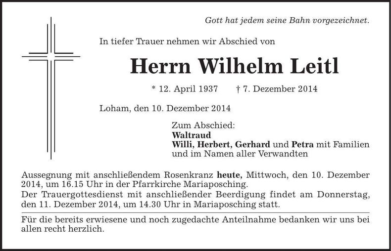 Traueranzeige Wilhelm Leitl