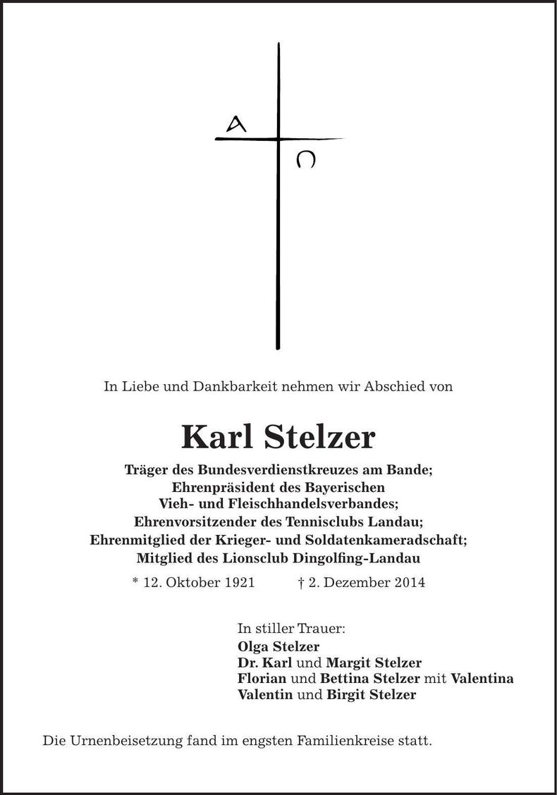 Traueranzeige Karl Stelzer