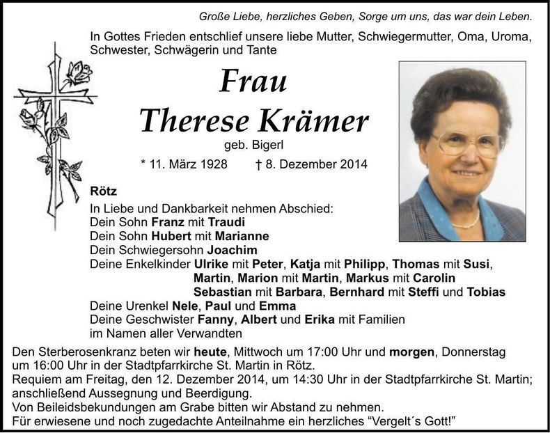 Traueranzeige Therese Krämer